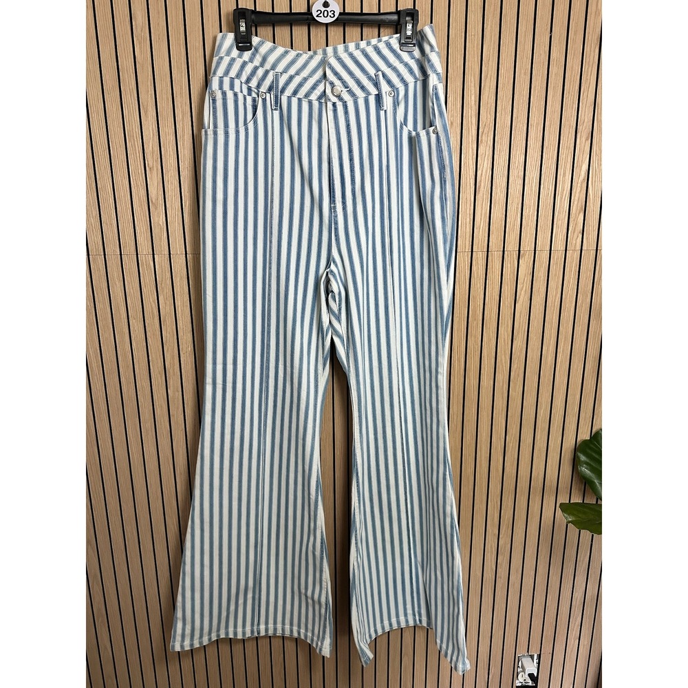 203 Avec Les Filles Stripe High Waist Super Flare Jeans - Size 14/32 NWT $148 - Picture 4 of 7